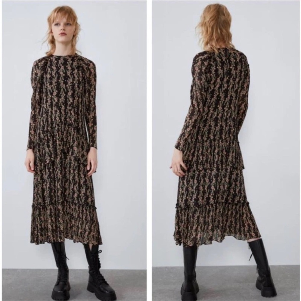Zara large Floral Long Sleeve Dress with ruffles.